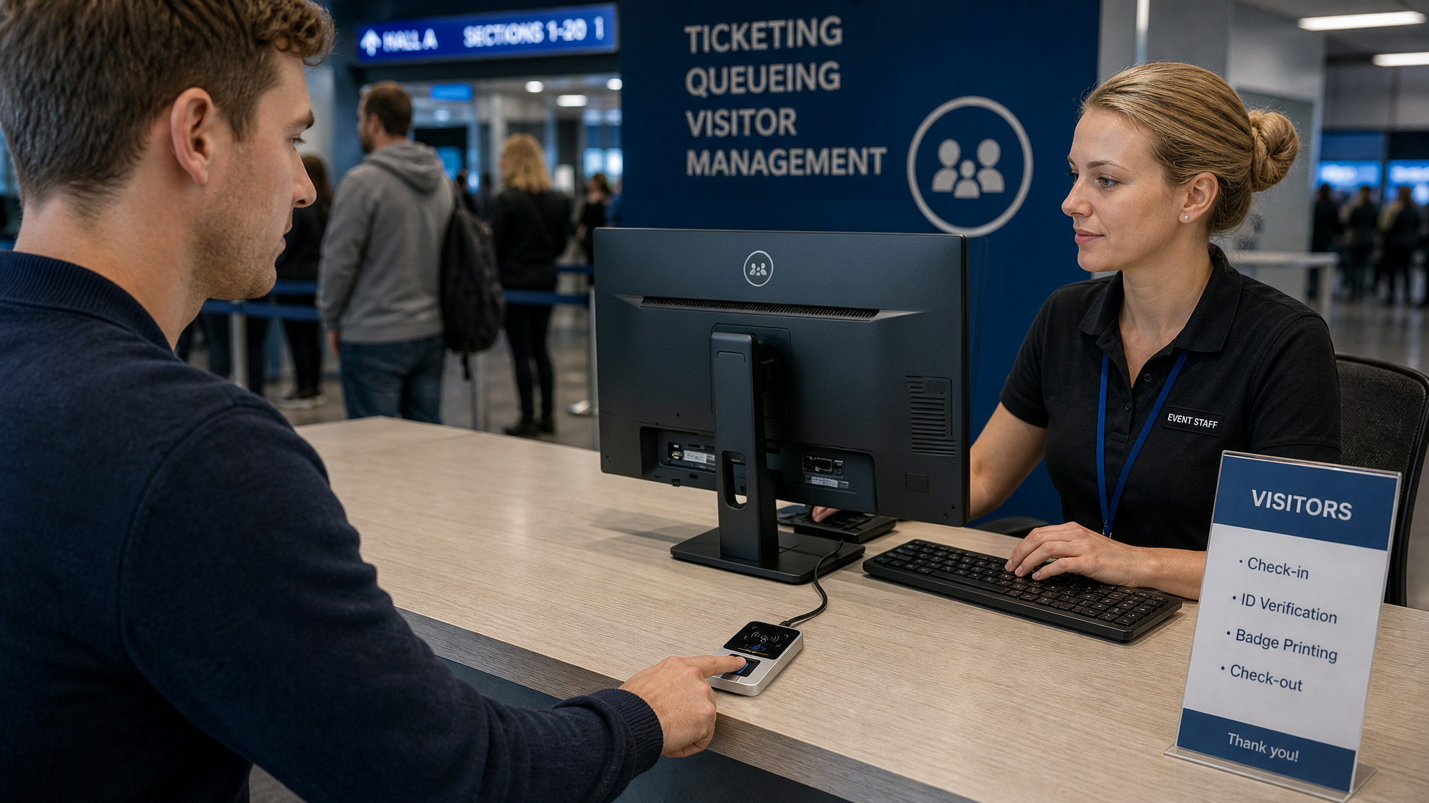 A citizen presenting an ID card to the HF-OS2000 at a government service counter