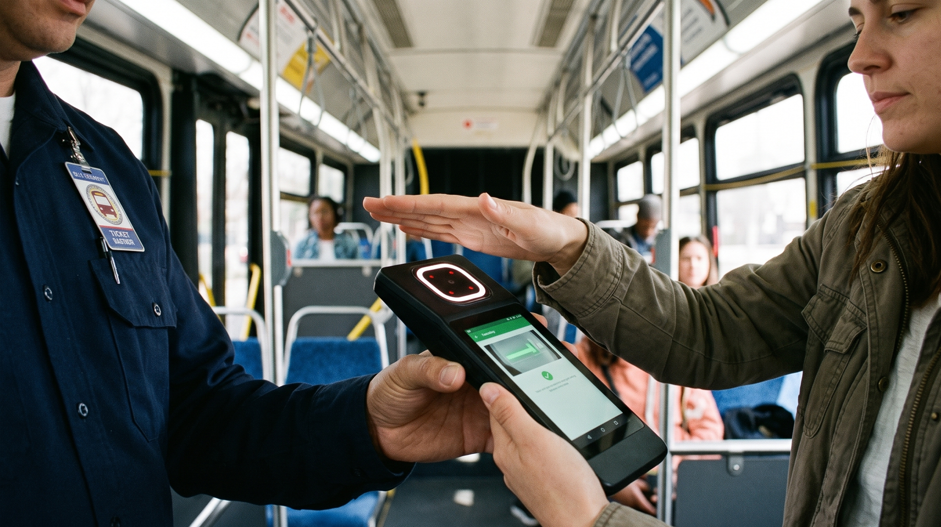 An operator or seated passenger holding an open palm over the vehicle-mounted HF-MP50 terminal at a bus fare gate