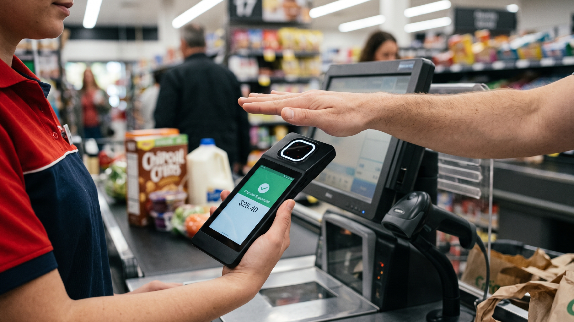 A cashier counter with the HF-MP50 beside the POS; a shopper paying with a raised palm, basket on the belt
