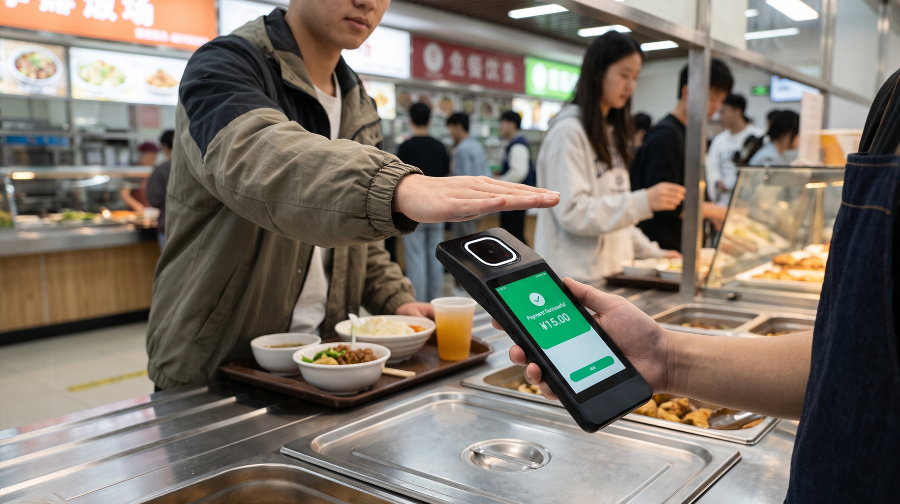 A student paying for a canteen tray with the palm on an HF-MP50 mounted at the serving counter
