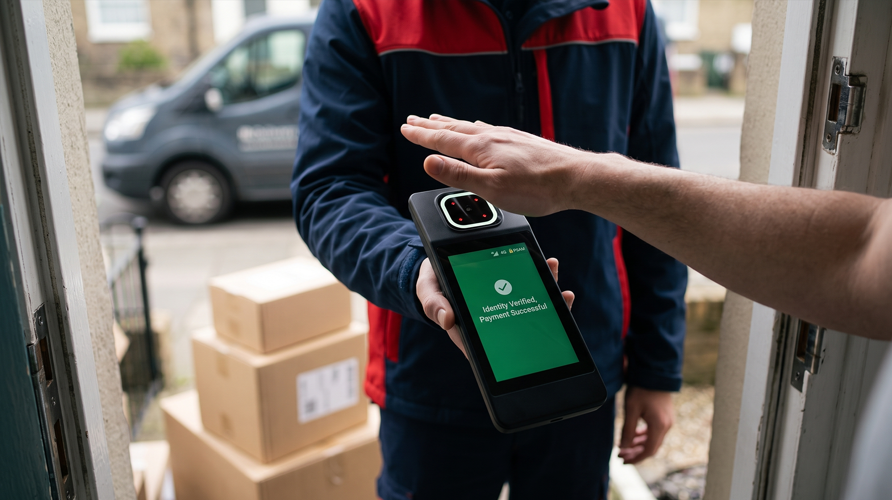 A delivery agent on a doorstep holding the HF-MP50 in one hand while a customer verifies with the other palm