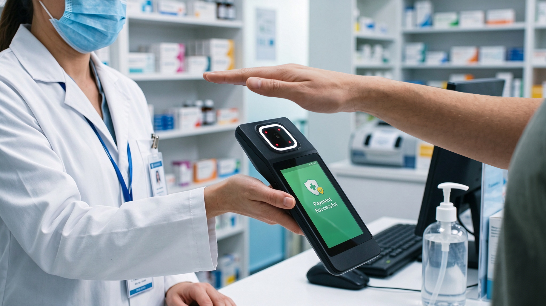 A clinic reception desk where a patient identifies with palm vein while a pharmacist dispenses at the counter behind
