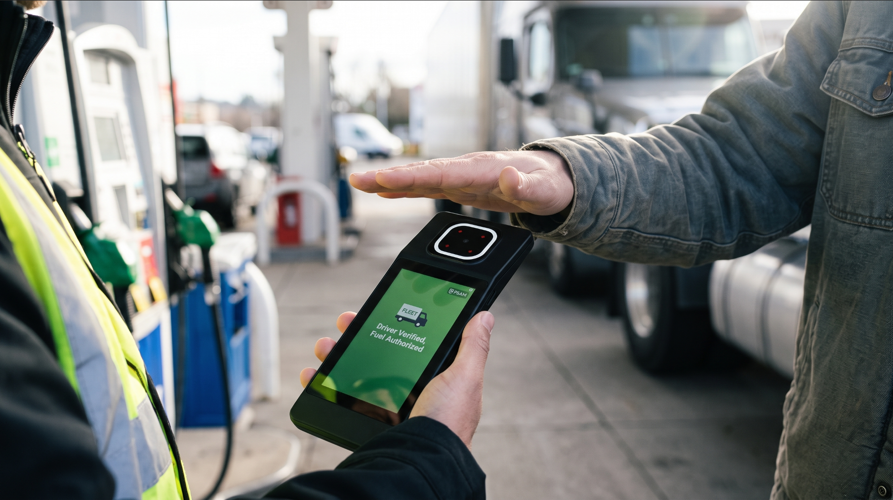 A fuel station forecourt where a driver confirms a fuel purchase with a handheld HF-MP50 held by the attendant