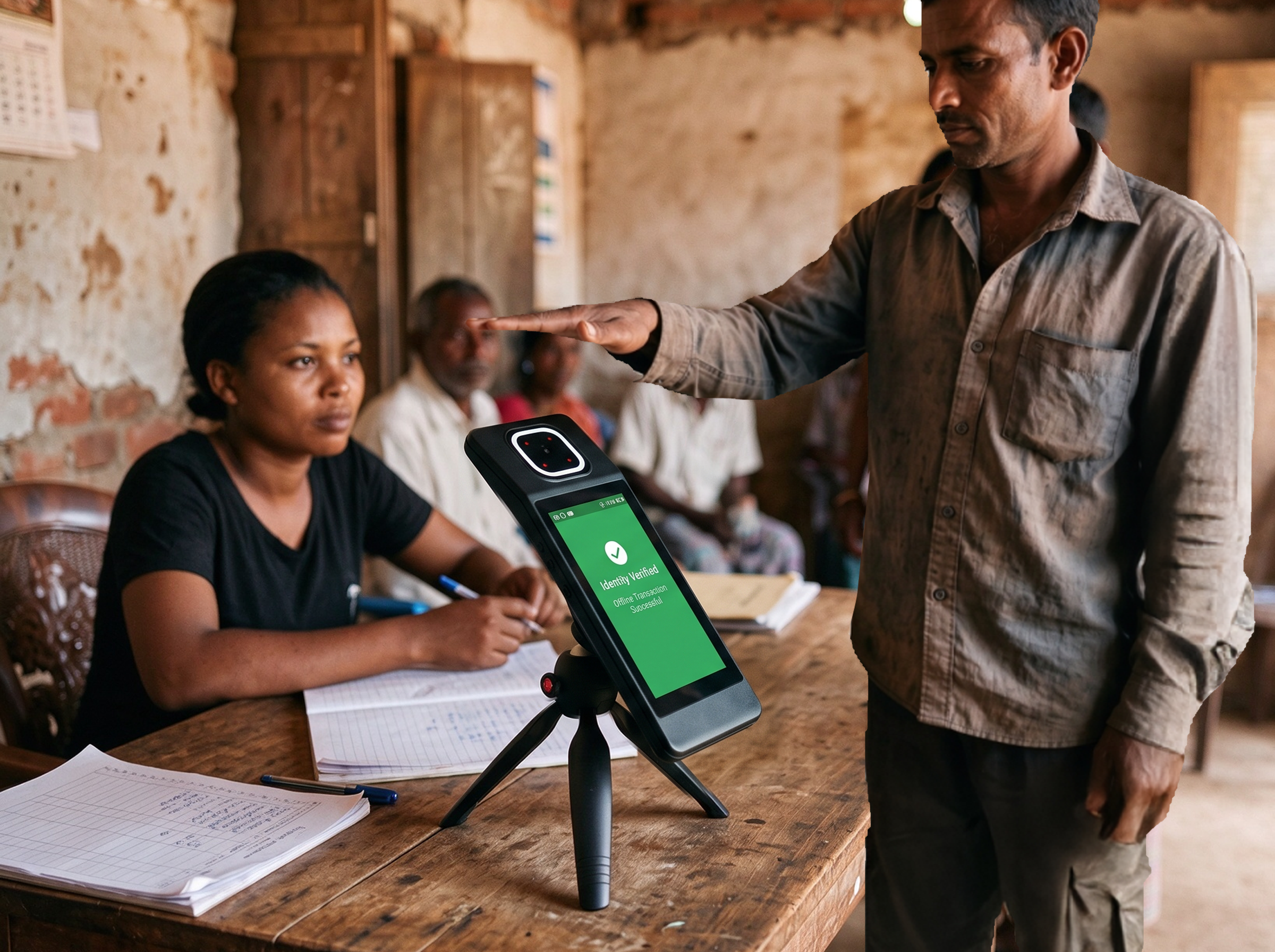 A welfare distribution point where a beneficiary verifies with palm vein to collect a subsidy ration
