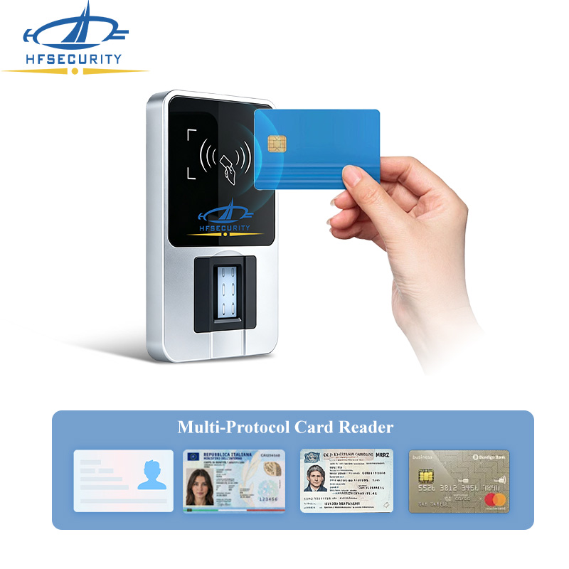 HF-OS2000 fingerprint scanner actual unit — front angle with card zone and fingerprint platen