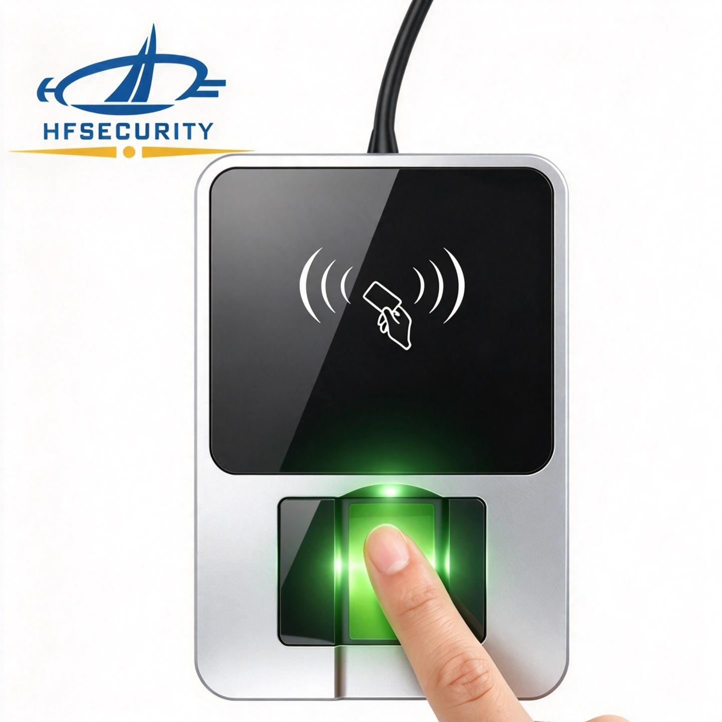 HF-OS2000 fingerprint scanner actual unit — top view of the 15.24 × 20.32 mm optical platen and NFC panel