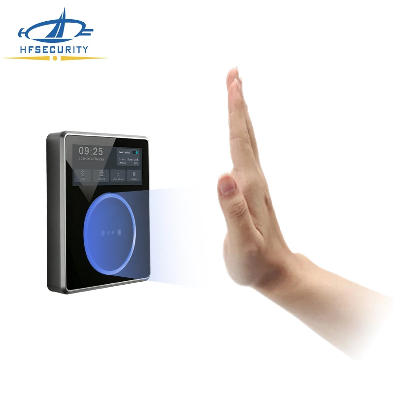 A hand hovering over the HF-PA86D palm vein access control terminal during contactless verification