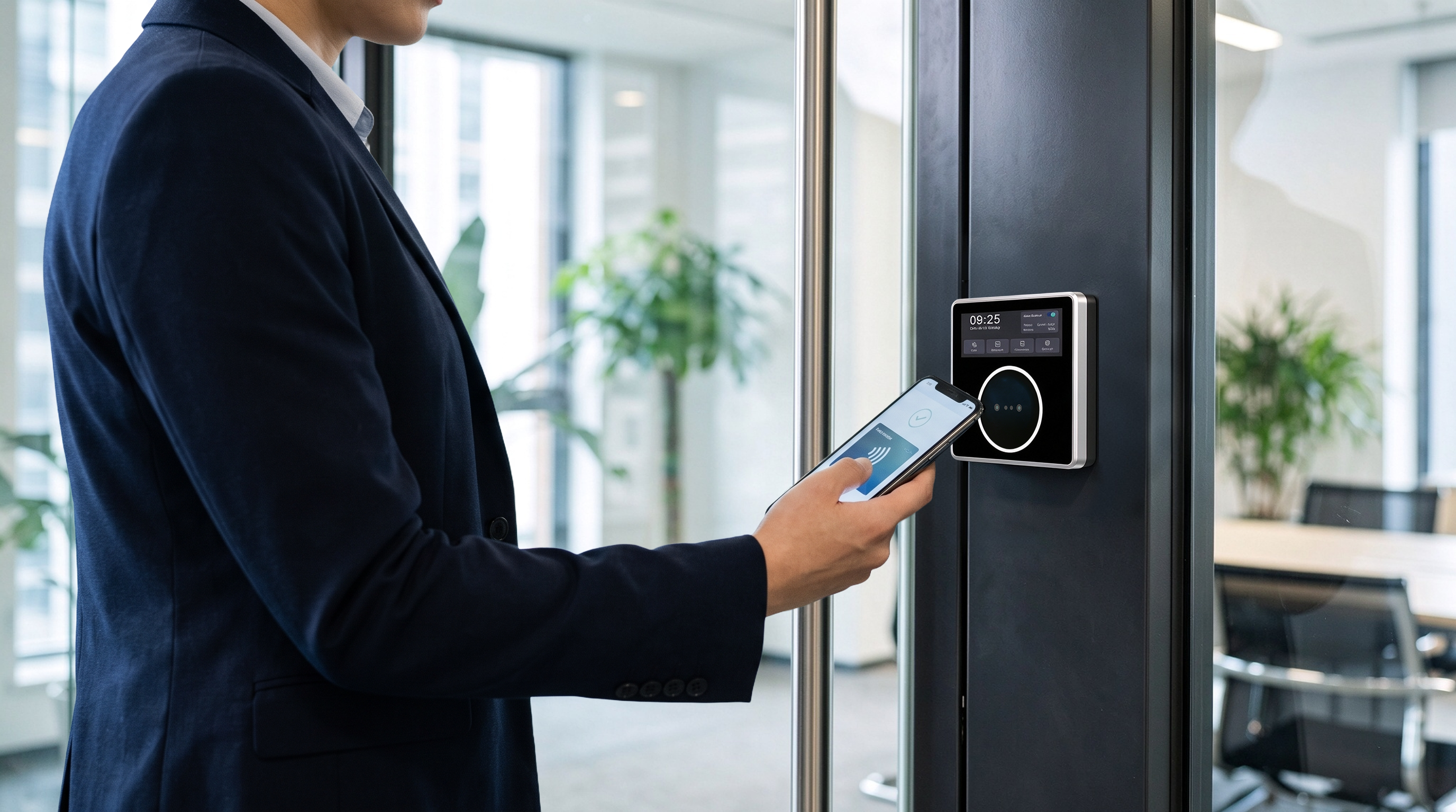 A professional entering a glass meeting room through a door fitted with the HF-PA86D terminal