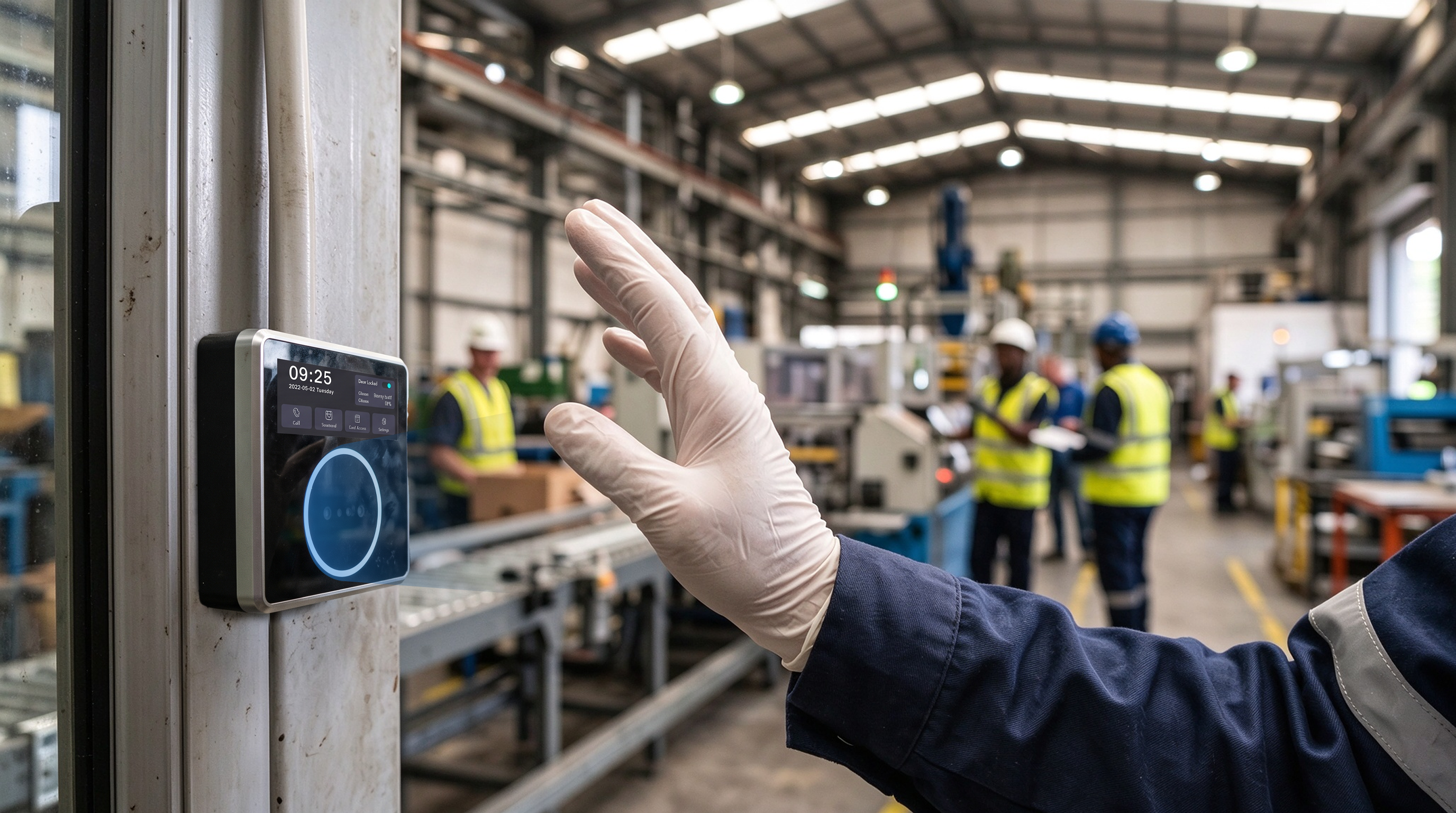 Workers passing a glass door with the HF-PA86D palm vein terminal mounted beside a factory production floor