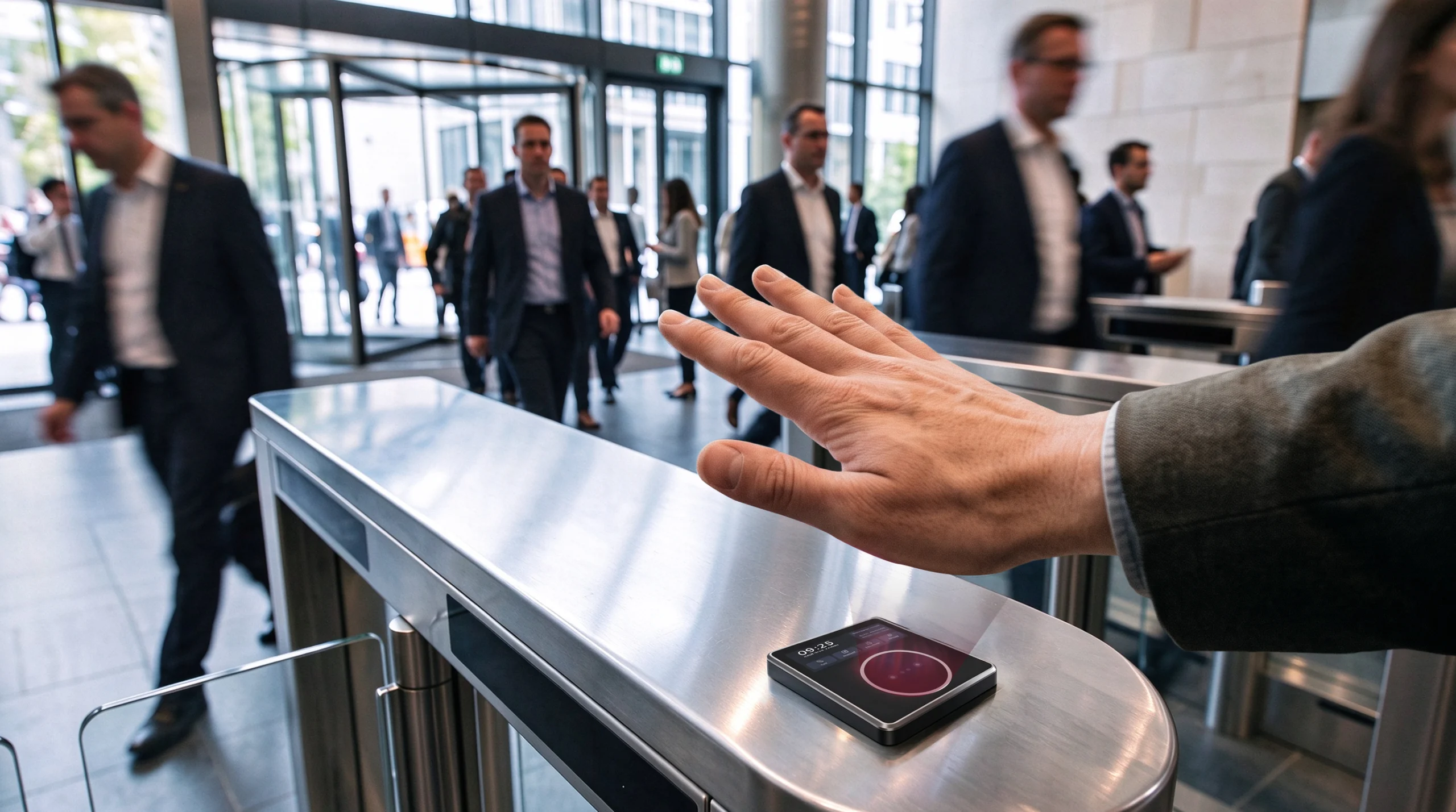 A commuter walking through a speed gate integrated with an HF-PA86D palm vein module