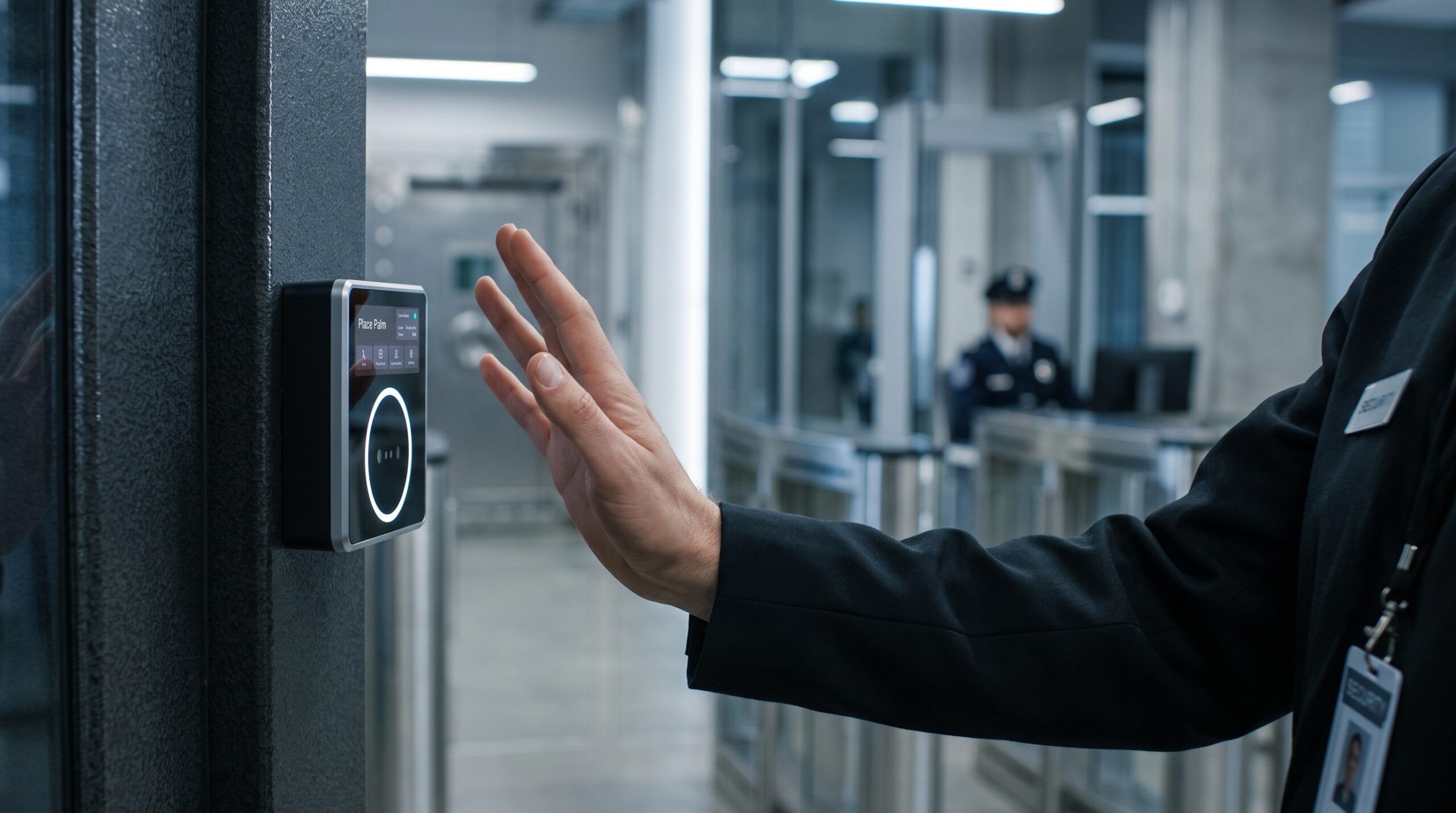 An official entering a government facility door after palm vein verification on an HF-PA86D terminal