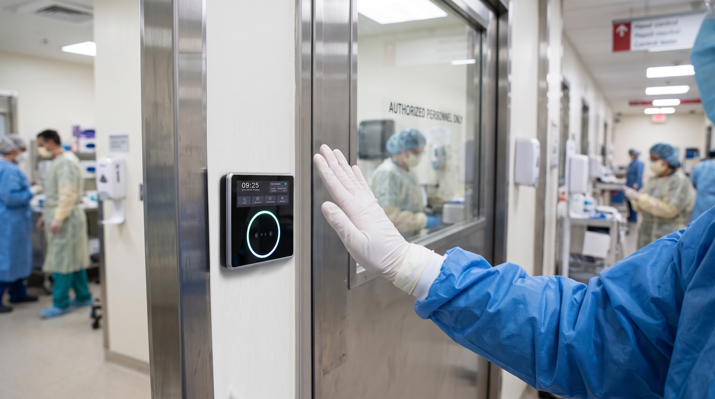 Medical staff in a hospital corridor verifying at an HF-PA86D palm vein terminal mounted beside a ward door