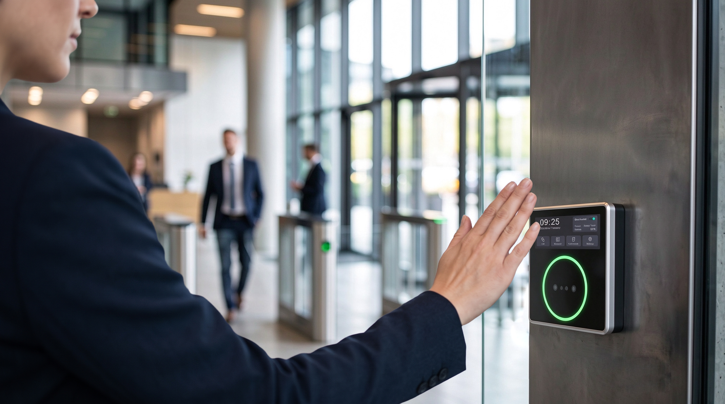 The HF-PA86D palm vein access control terminal mounted on the glass wall of a modern office lobby