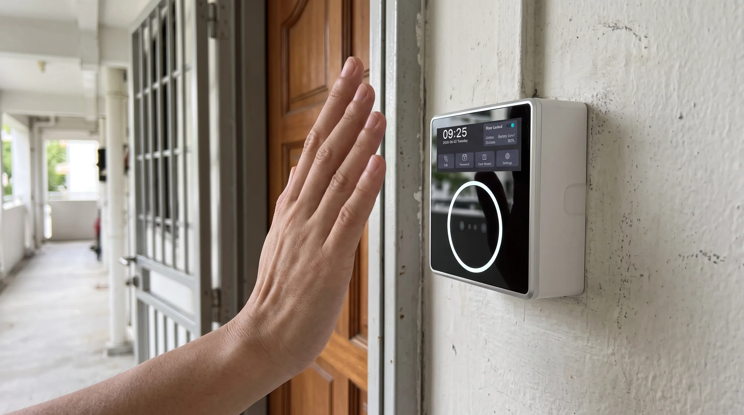 A resident verifying with a raised palm at an apartment door fitted with an HF-PA86D terminal