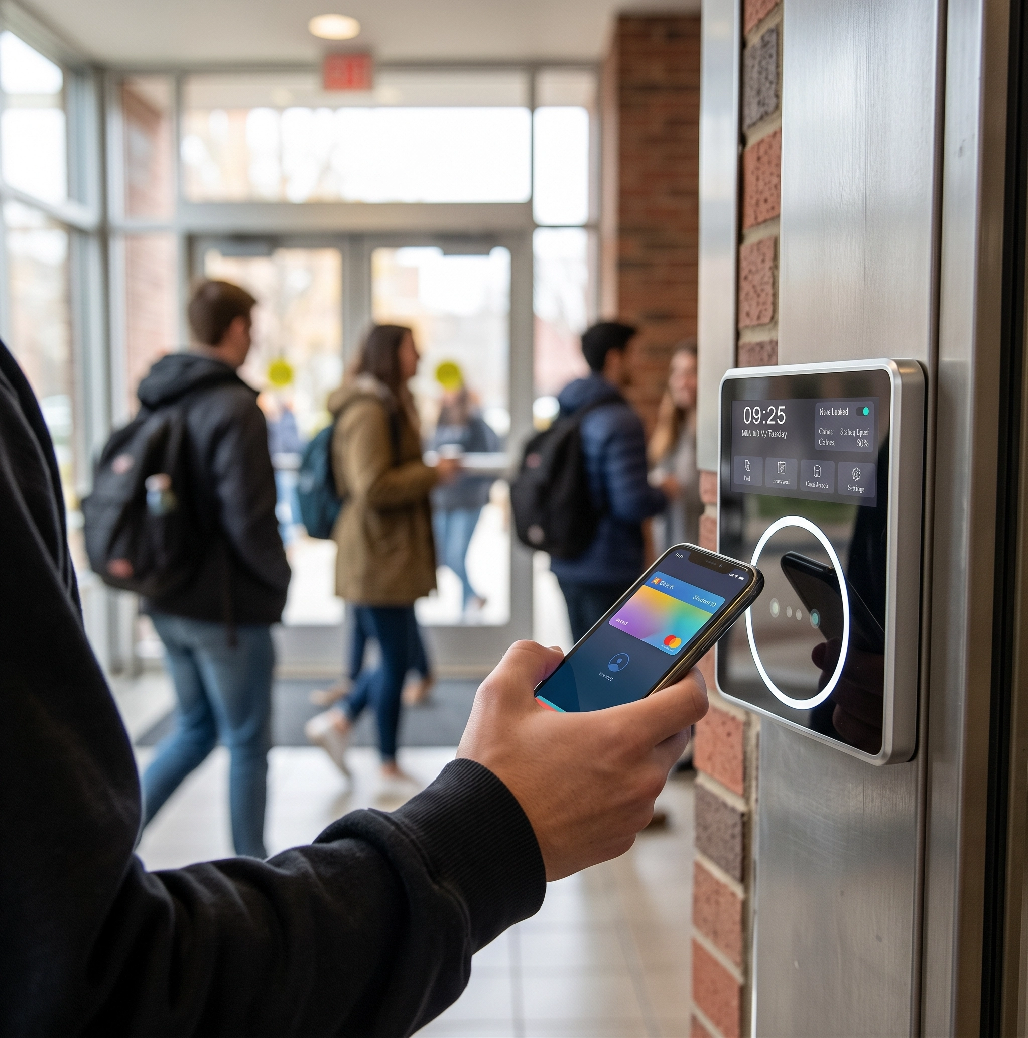 Students entering a campus building through a door equipped with an HF-PA86D palm vein terminal