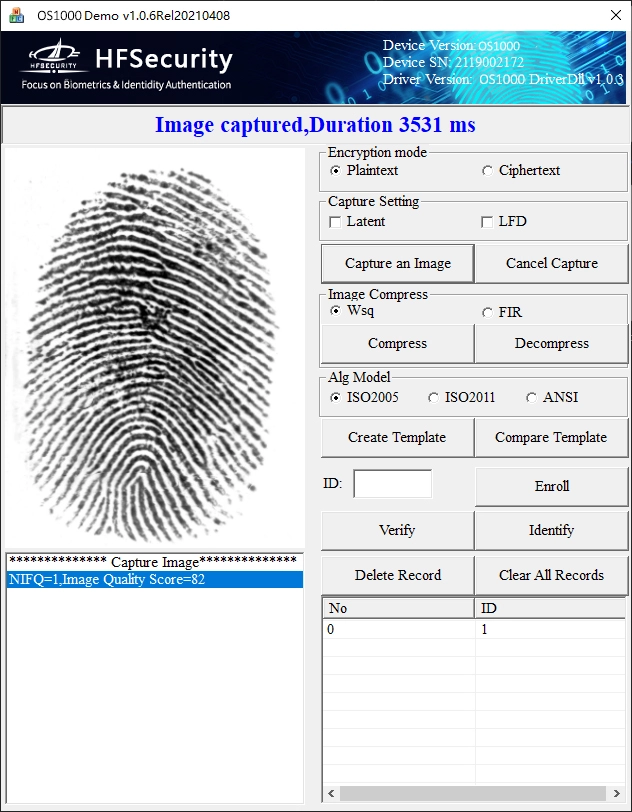 HF-OS2000 FAP20 fingerprint scanner Windows demo software — capture, NFIQ quality score and ISO/ANSI template export