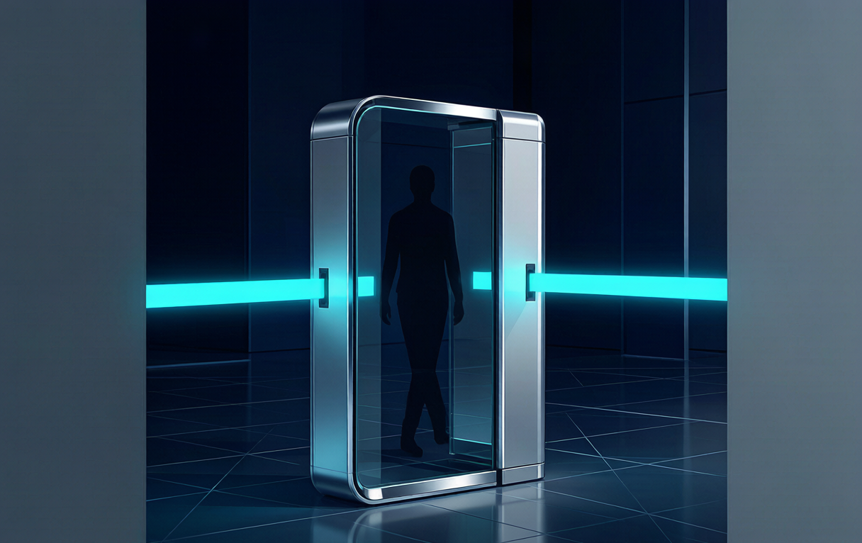 Access control concept — a turnstile gate with glowing light beams