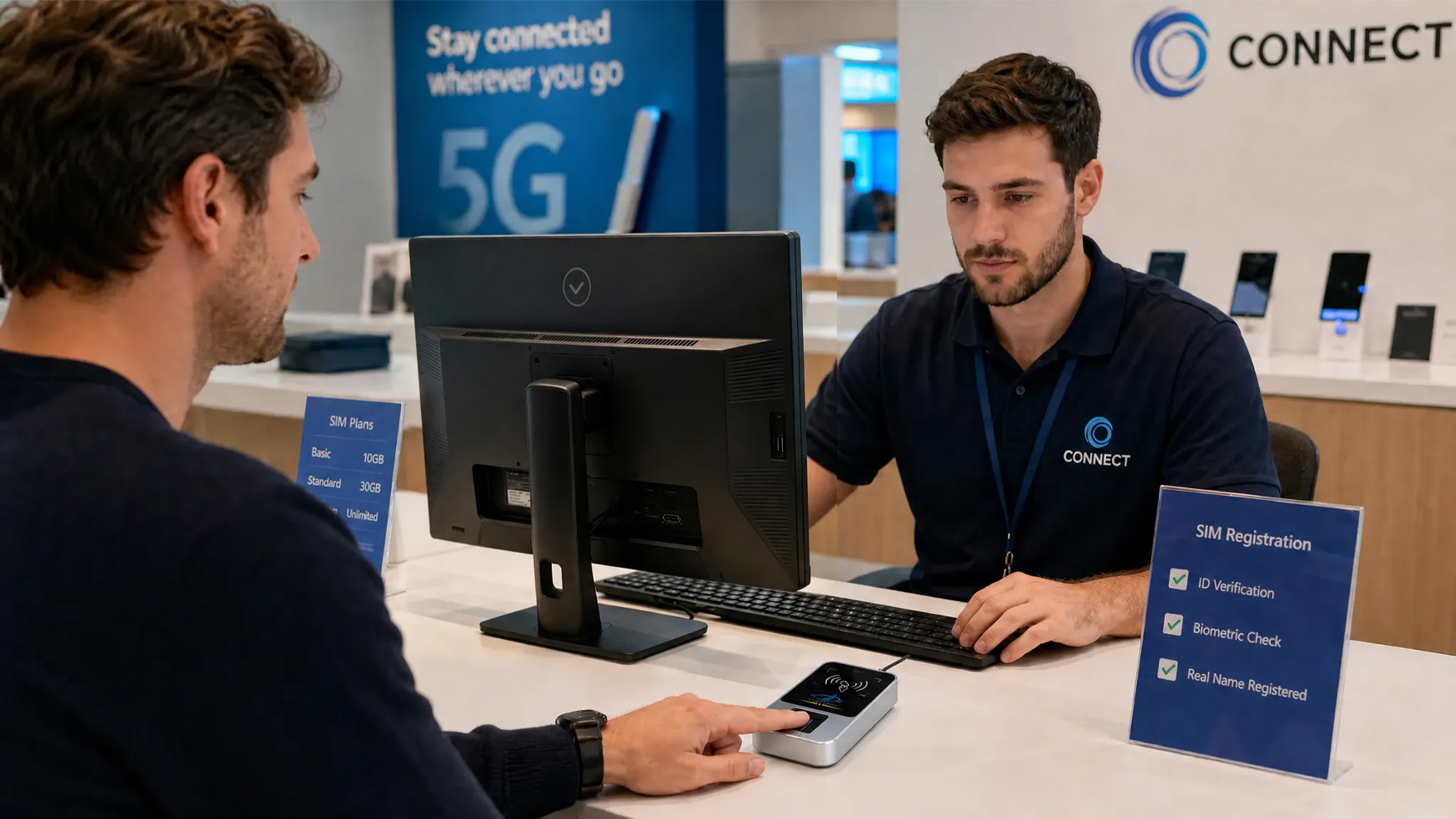 A customer registering a SIM card with ID and fingerprint at a telecom operator store