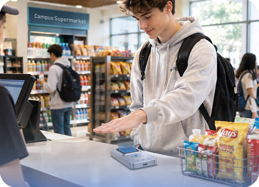 A student paying at a campus canteen counter with the HF-PVBW3000 instead of a campus card