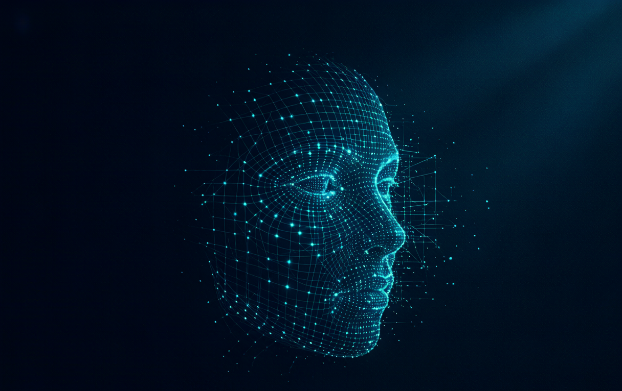 Face recognition concept — a face formed of glowing dots and scanning grid lines