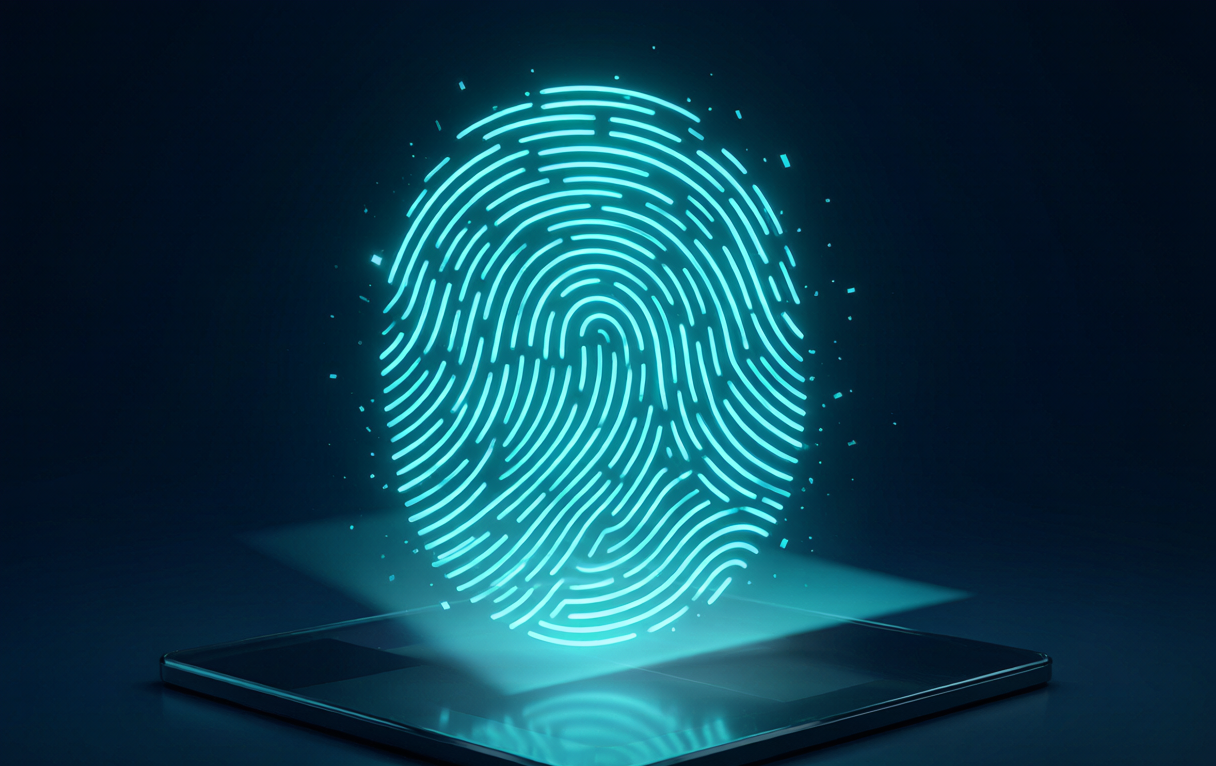 Fingerprint concept — a glowing fingerprint hovering above a scanner surface