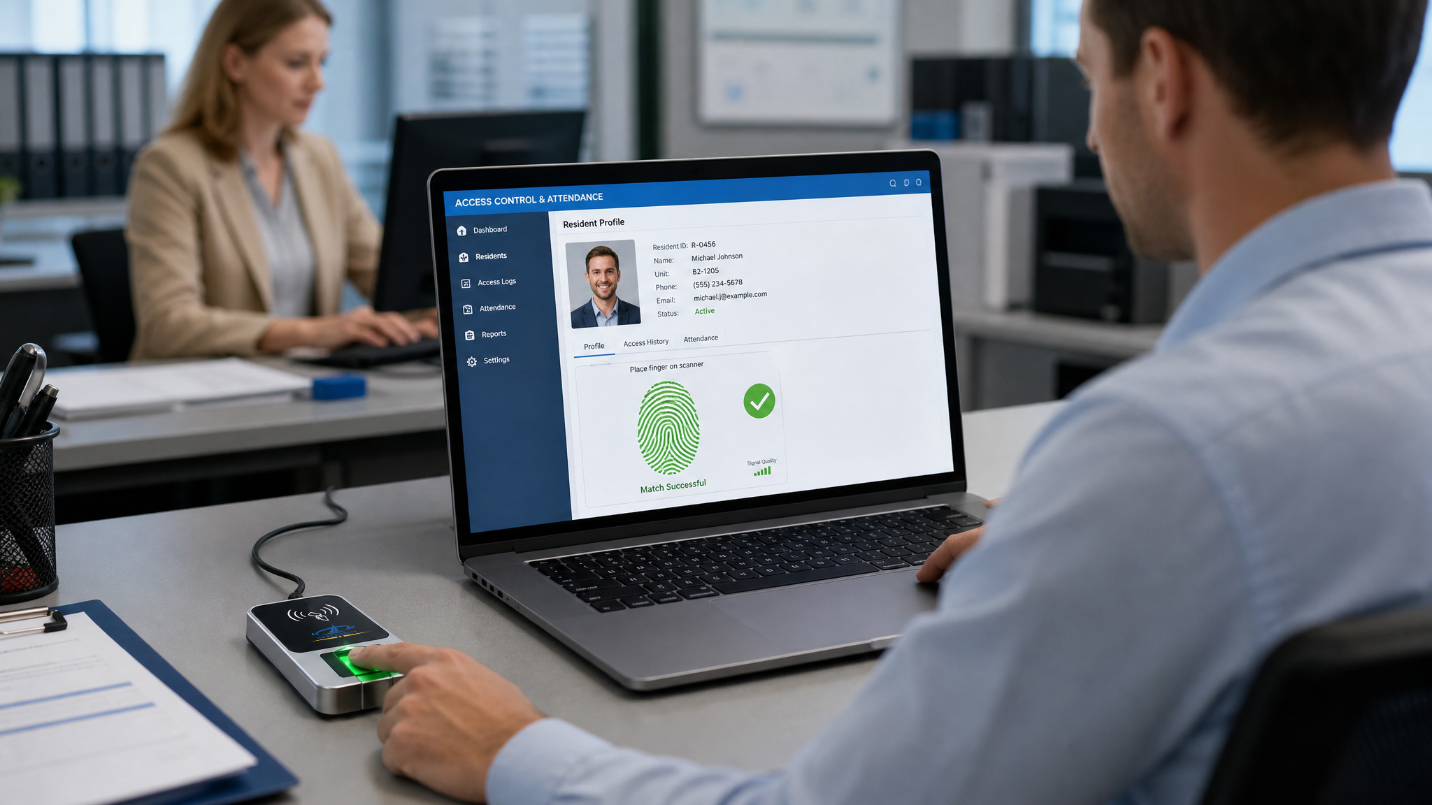An enrollment desk pairing the HF-OS2000 with workforce attendance software