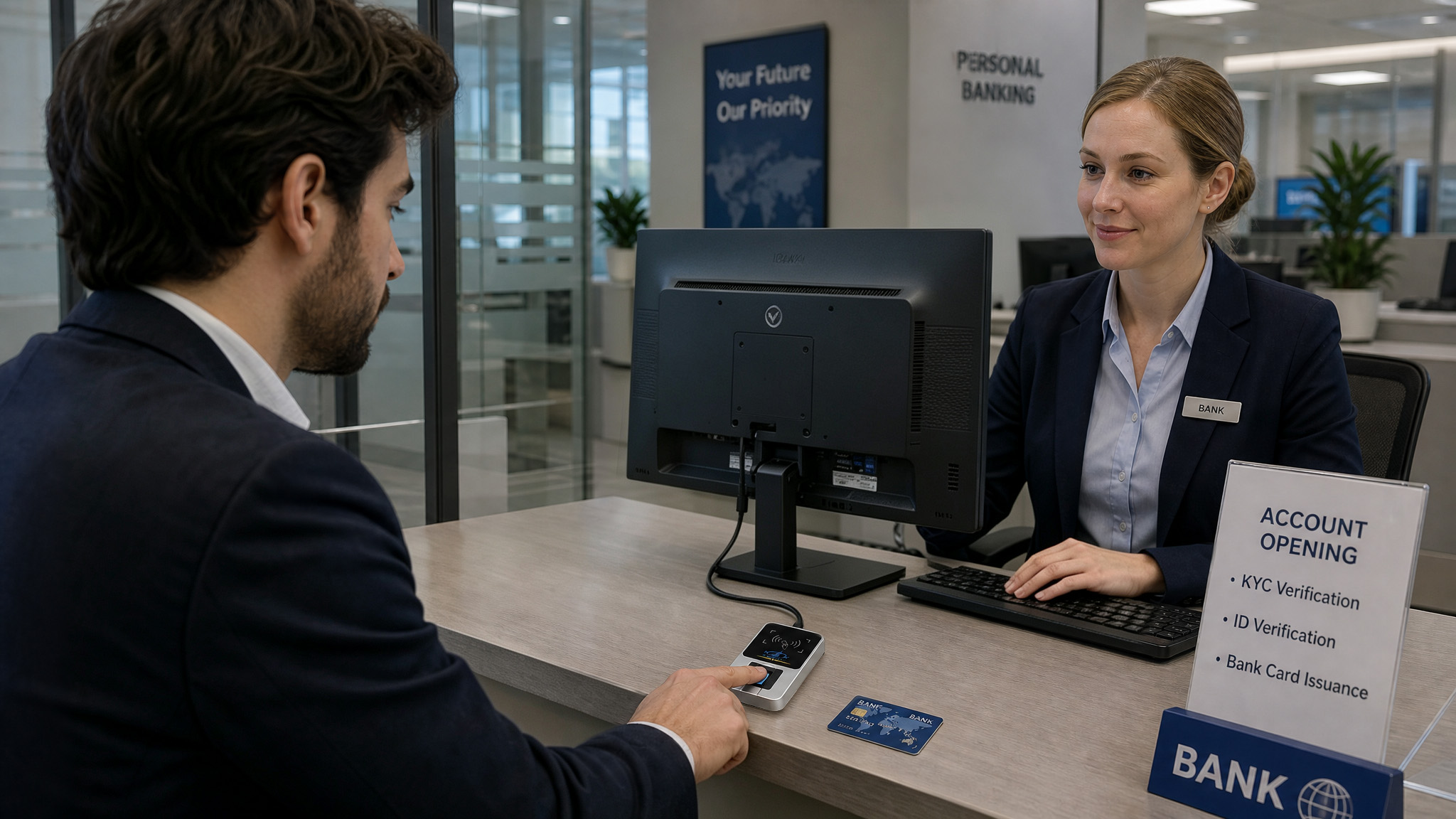 A customer opening an account with the HF-OS2000 at a bank branch counter