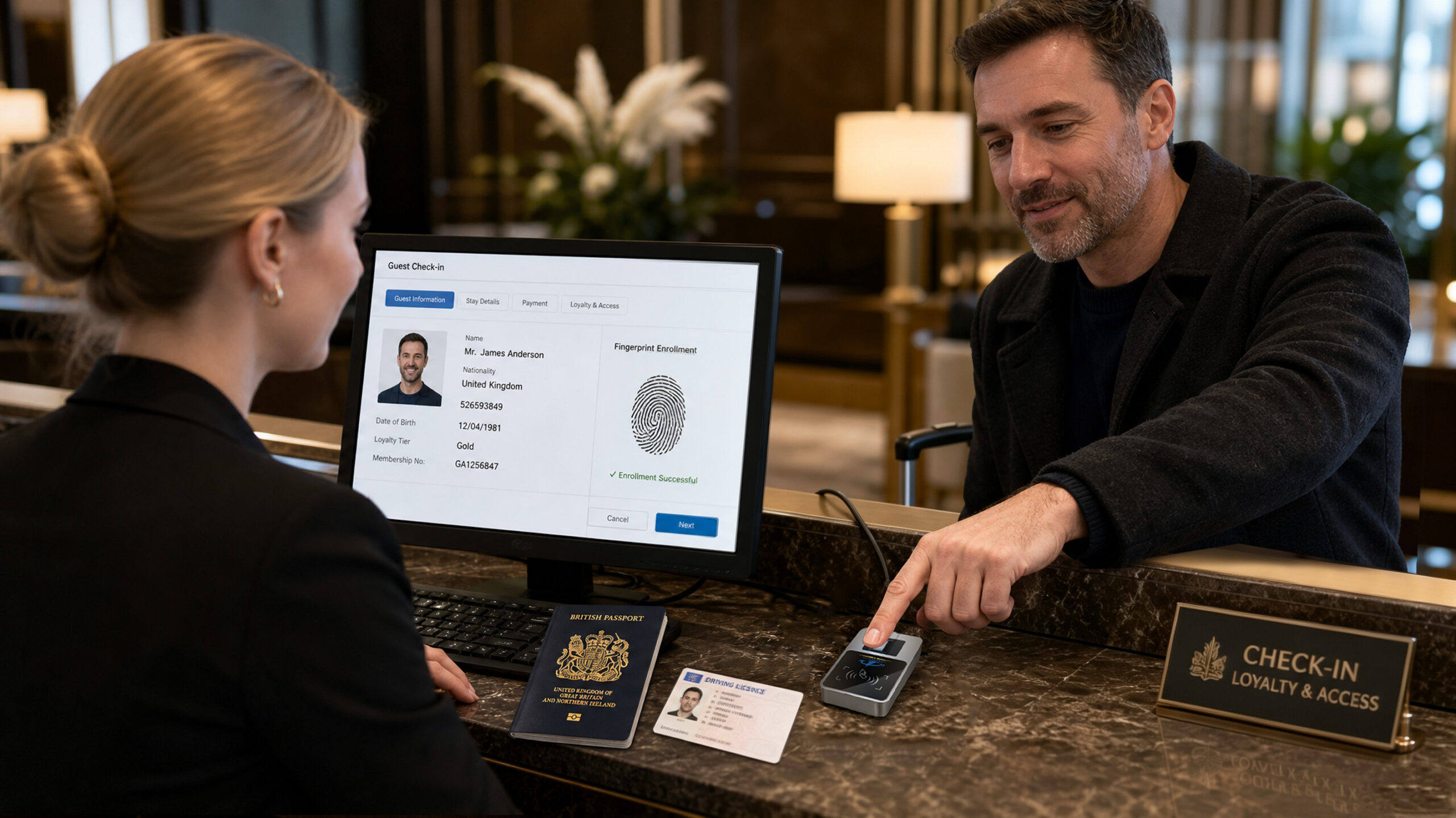 A guest checking in at a hotel front desk with passport and the HF-OS2000 reader