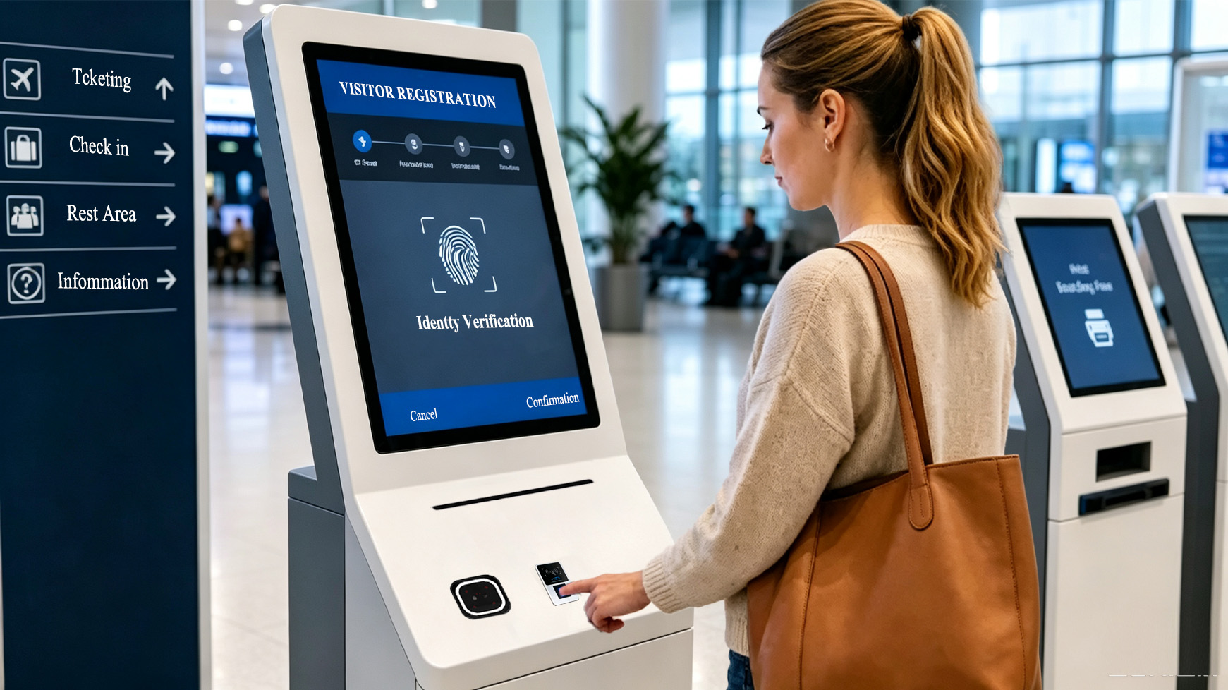 A traveler using an ID-verification self-service kiosk equipped with the HF-OS2000
