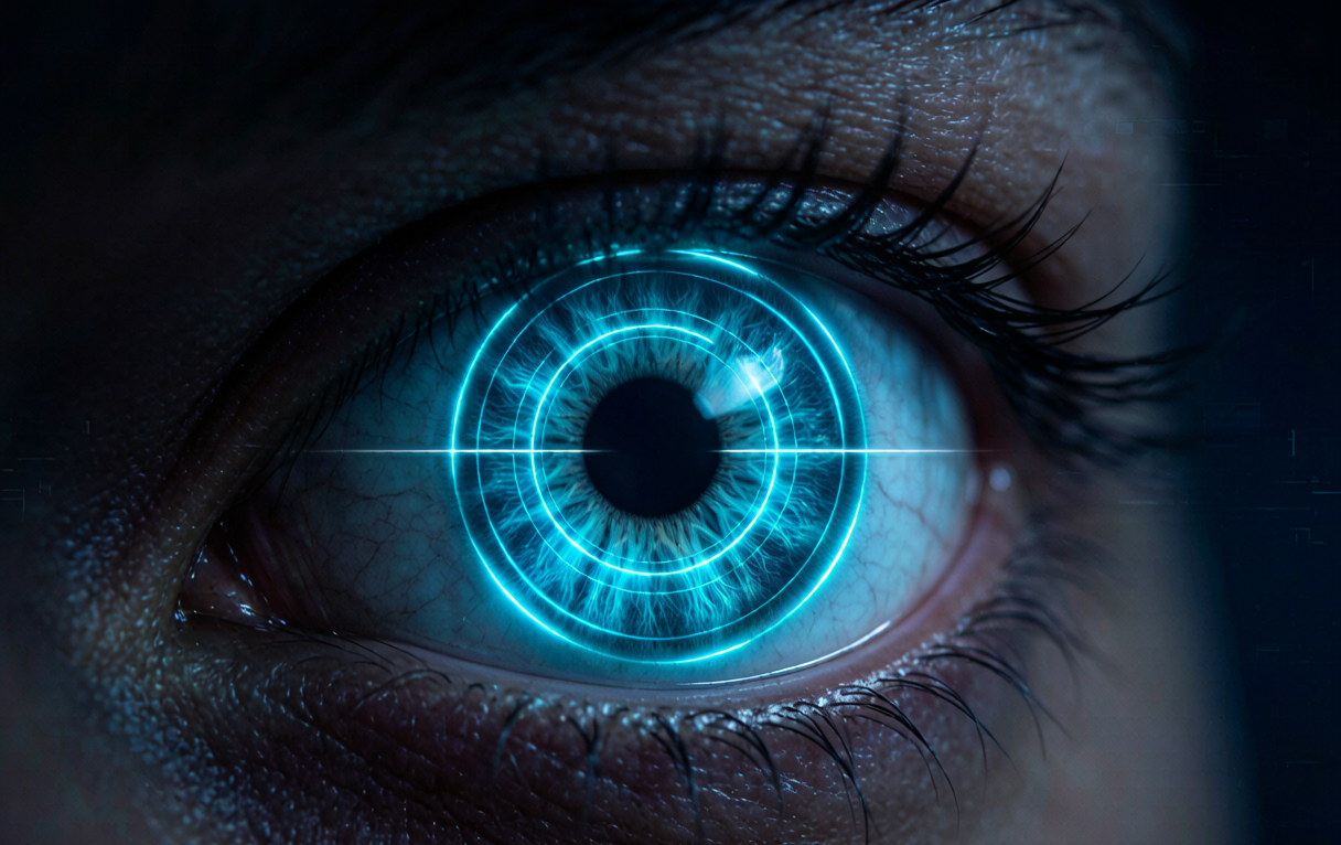 Iris recognition concept — an eye with glowing cyan scan rings