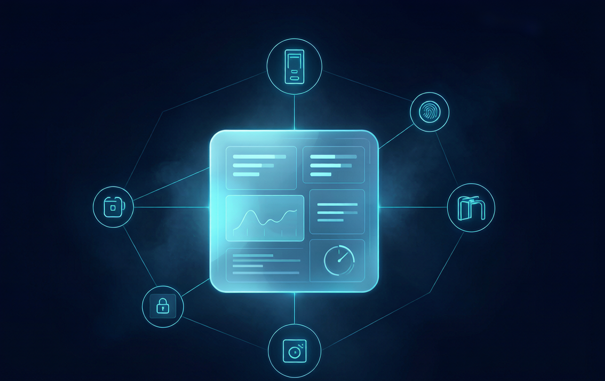 Platform concept — a central dashboard hologram connected to device icons