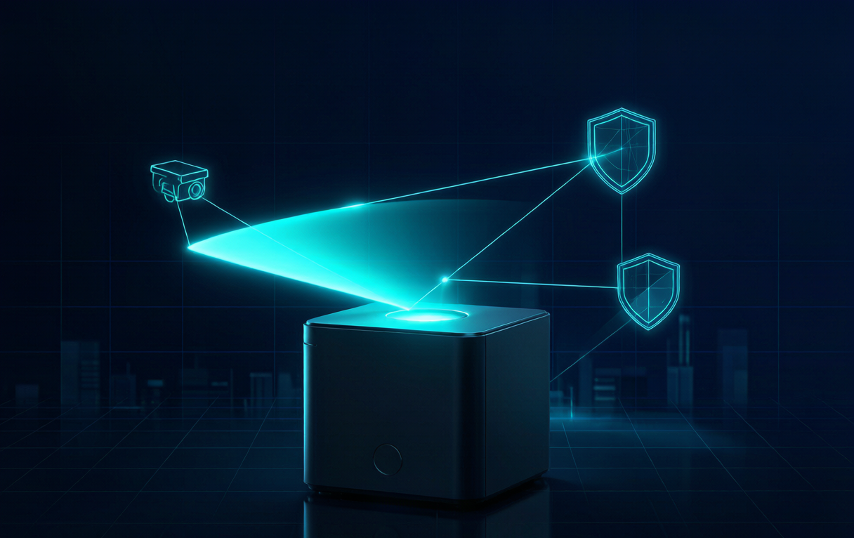 AI security concept — an edge AI box emitting a radar sweep with camera and shield icons