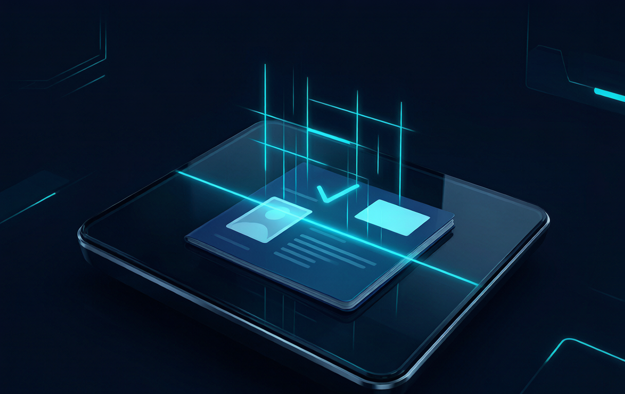 Identity verification concept — a passport on a scanner with a glowing check mark